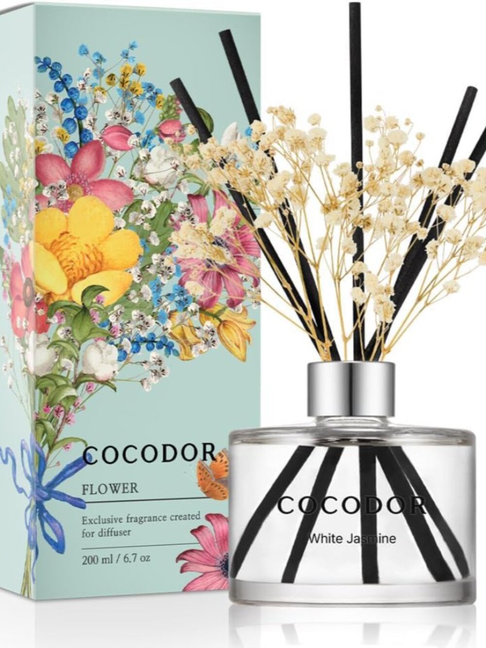 COCODOR Flower Reed Diffuser Set / 6.7oz / White Jasmine/Scent Diffuser with Sti
